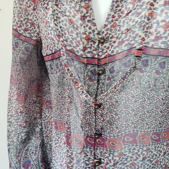 Converse XS Chiffon Semi-sheer Long Sleeve Shirt Button Up Paisley Pattern Top - Picture 4 of 8